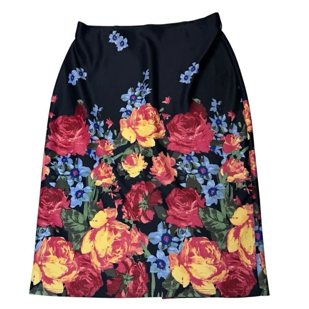 NYCC Women's Sz S Floral Pencil Straight Skirt Black Pink Stretchy Preppy Garden